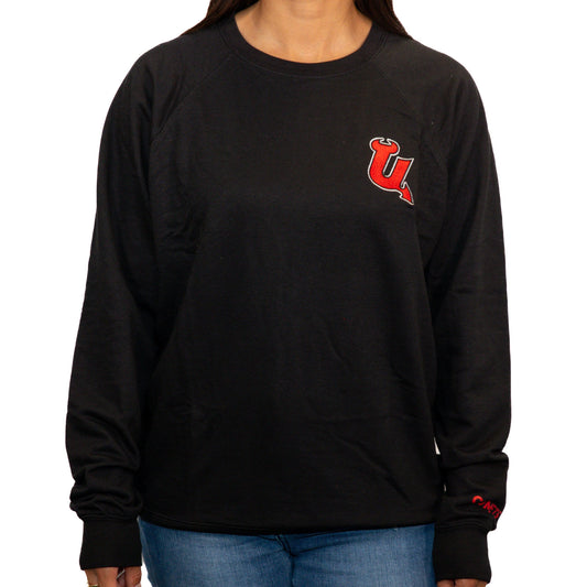 Utica Comets Unisex Black 108 Stitches Embroidered Alternate U Logo Crewneck