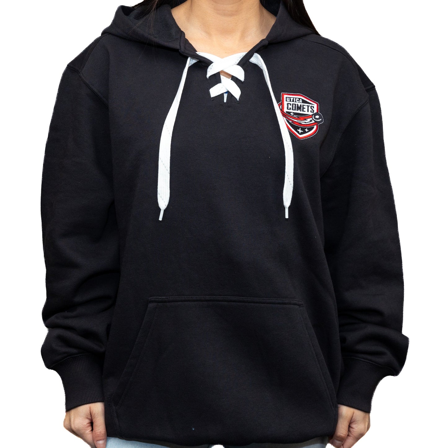 Utica Comets Unisex Black Shield Lace Up Hoodie