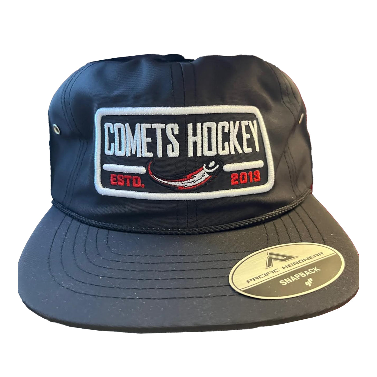 Utica Comets Pacific Headwear Billboard Est. 2019 Black Rope Hat