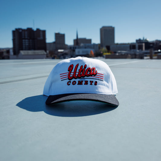 Utica Comets Celly White Script Hat