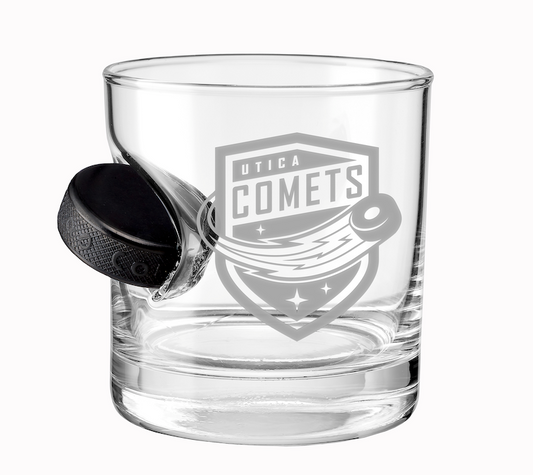 Utica Comets Etched Rocks Glass